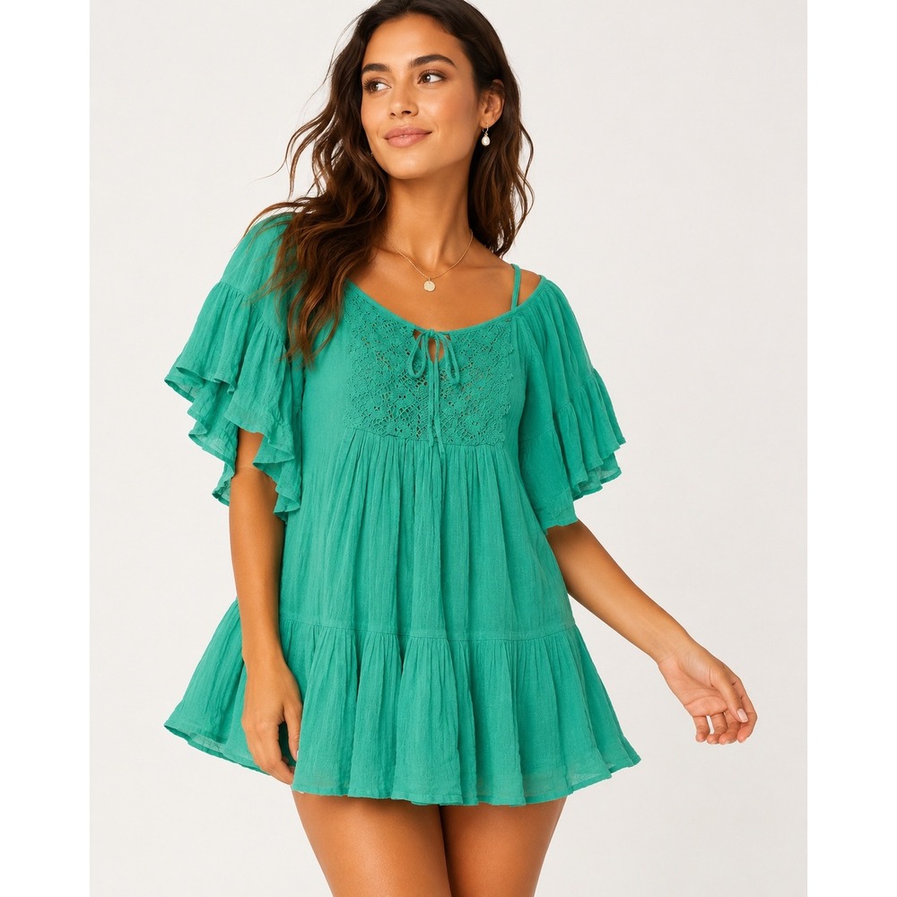 Roxy Boho Cottagecore Fairycore Cotton Gauze Crochet Babydoll Top M hippie Aqua